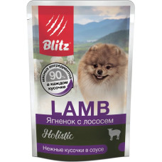 BLITZ LAMB / ЯГНЕНОК С ЛОСОСЕМ, кусочки в соусе, корм консерв. полнорац. для СОБАК МЕЛКИХ пород всех возрастов/85гр/