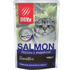 BLITZ Лосось с индейкой, кусочки в соусе, корм консерв. полнорац. для кошек 85гр BLITZ Лосось с индейкой, кусочки в соусе, корм консерв. полнорац. для кошек 85гр